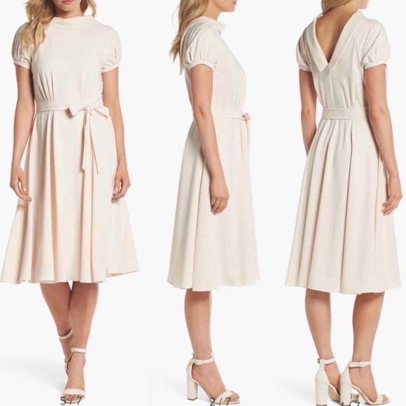 GAL MEETS GLAM ELEANOR PUFF SLEEVE TIE WAIST CREAM SATIN TWILL DRESS - Picture 2 of 16